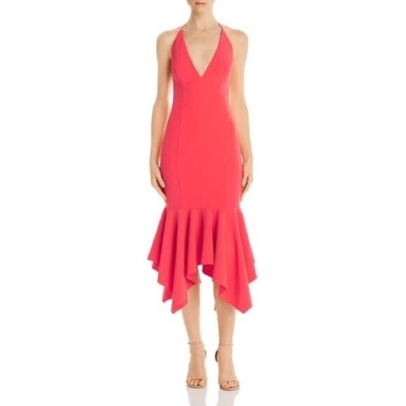 aidan mattox plundging halter crepe hot pink asymmetrical peplum midi dress 6 - Picture 1 of 9
